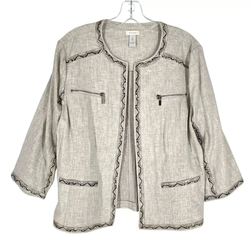 Chicos Linen Blend Blazer Size 2 Beige Open Front Snakeskin Print Trim Large